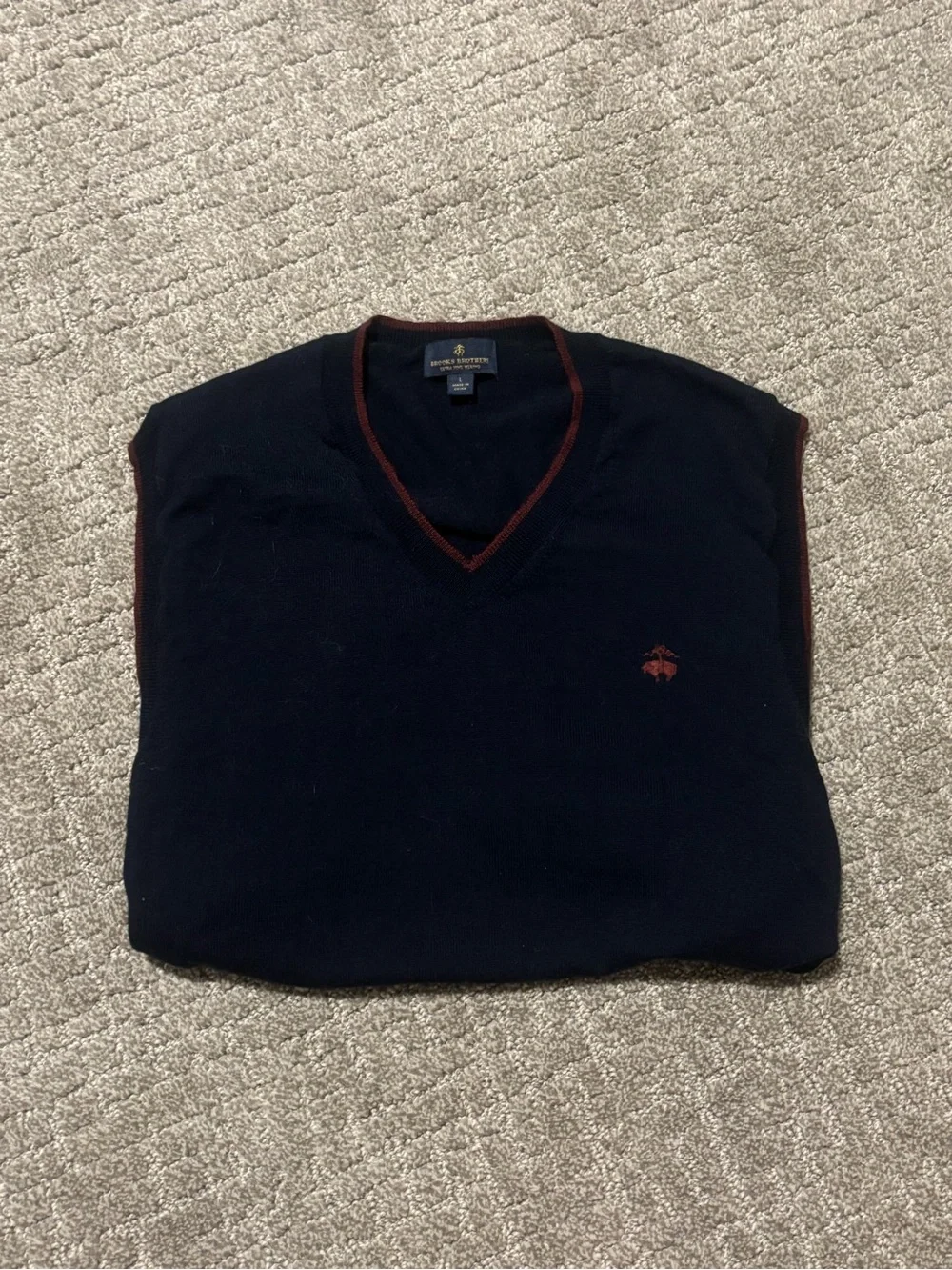 Brooks Brothers | Navy V-Neck Sweater Vest with Red Trim | Men’s Size L